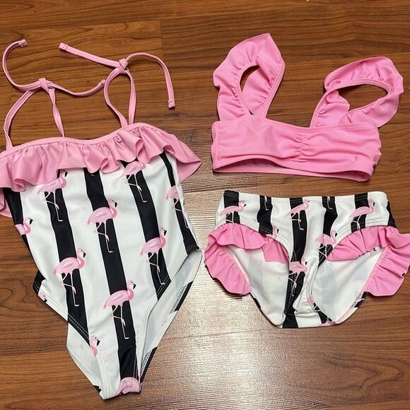 Mommy and me Striped & Flamingo Print Tie Side Bikini Swimsuits - Picture 4 of 16
